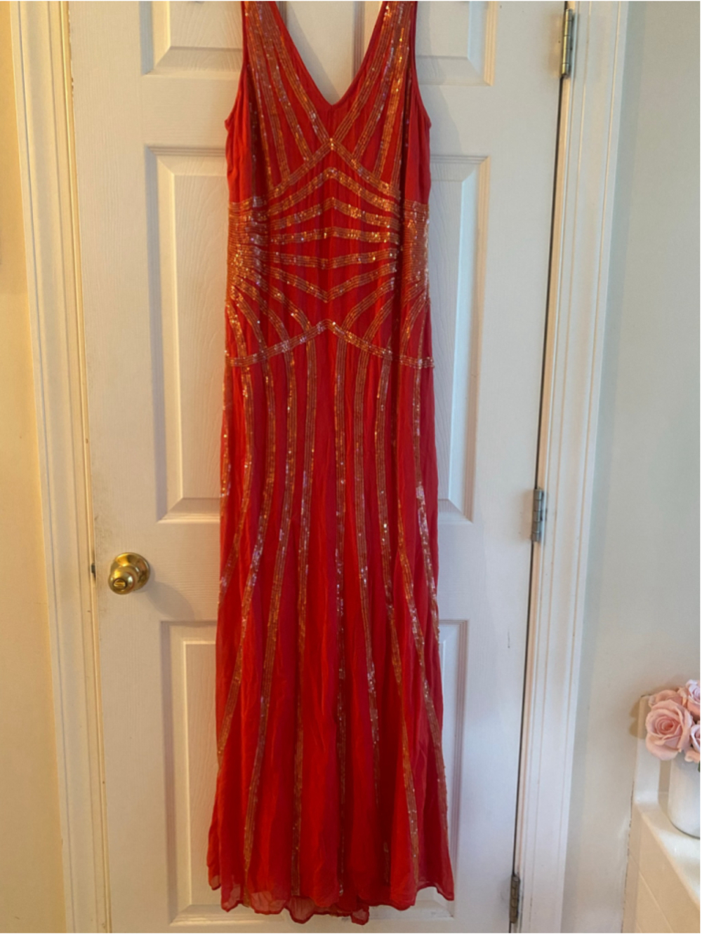 Nicole Miller Red and Gold Sequin Gown - 6
